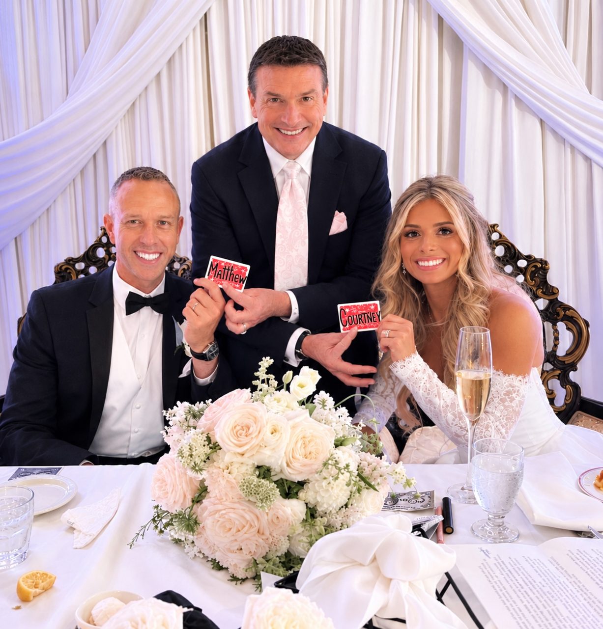 A magician in a dark suit performs close-up card tricks for guests at an event.